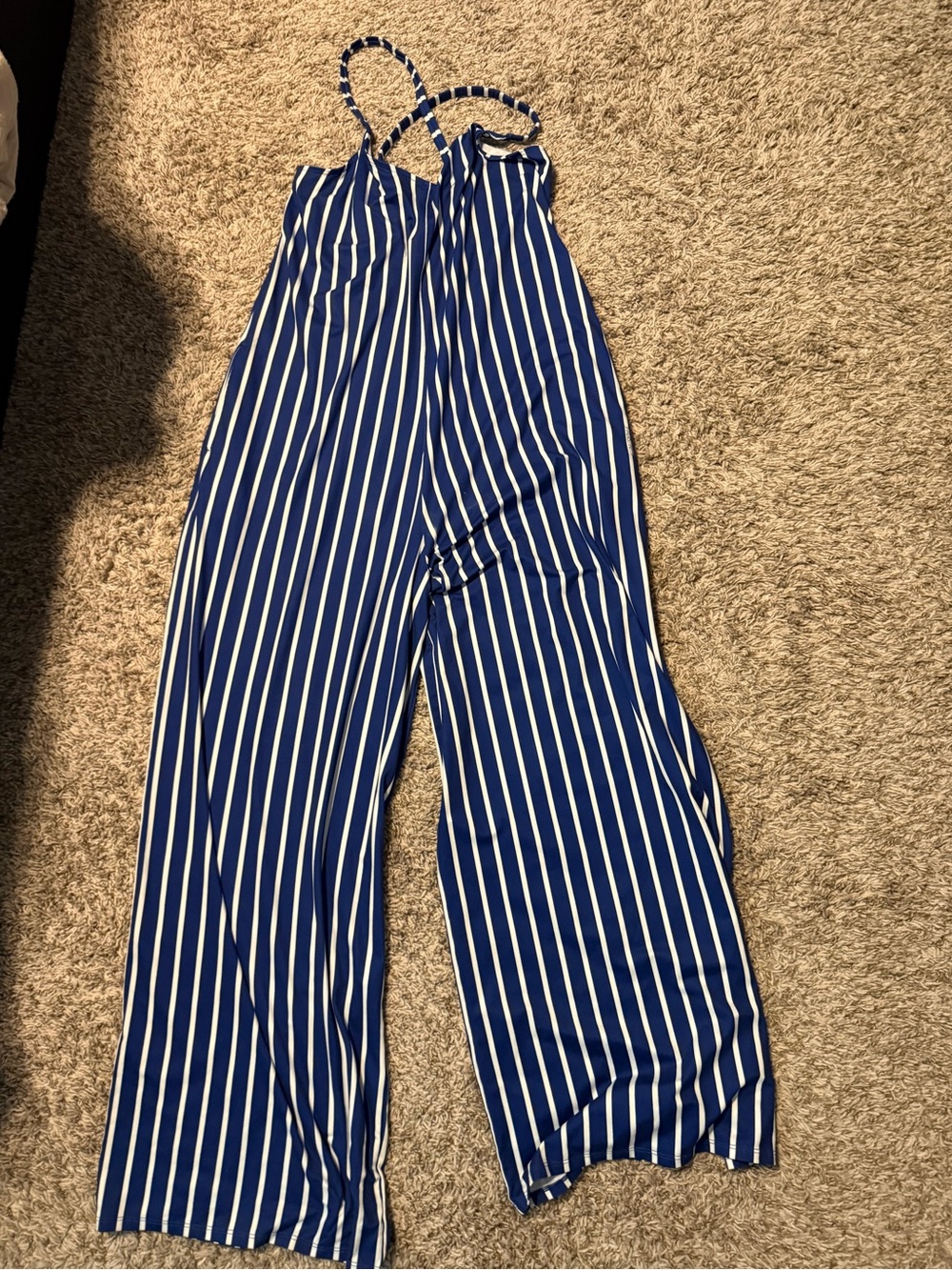 Fabletics Blue and White Striped Sleeveless Jumpsuit